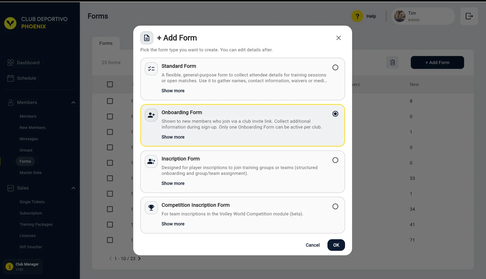 La finestra Add Form: Standard Form, Onboarding Form (selezionato), Inscription Form e Competition Inscription Form, ciascuno con una descrizione