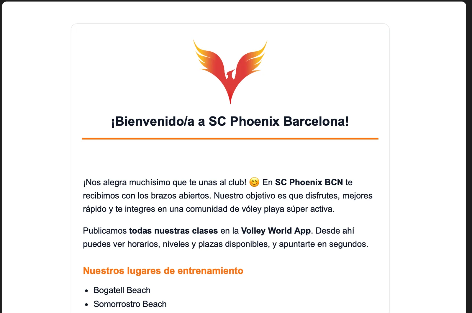 L'email di benvenuto di un club come viene ricevuta: il logo del club, un titolo di saluto, un paragrafo introduttivo e un elenco delle sedi di allenamento
