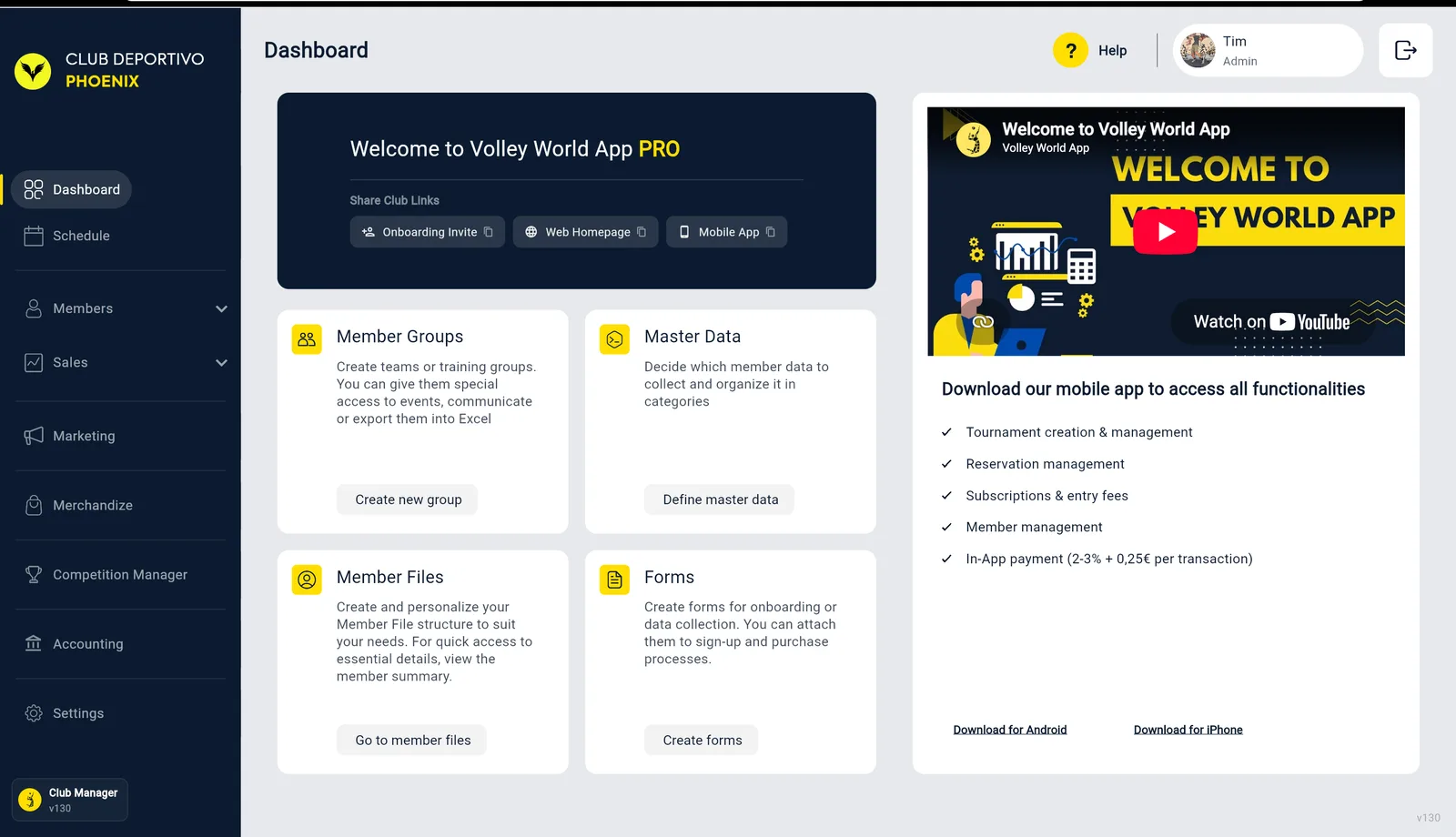 La riga Share Club Links con il chip Onboarding Invite