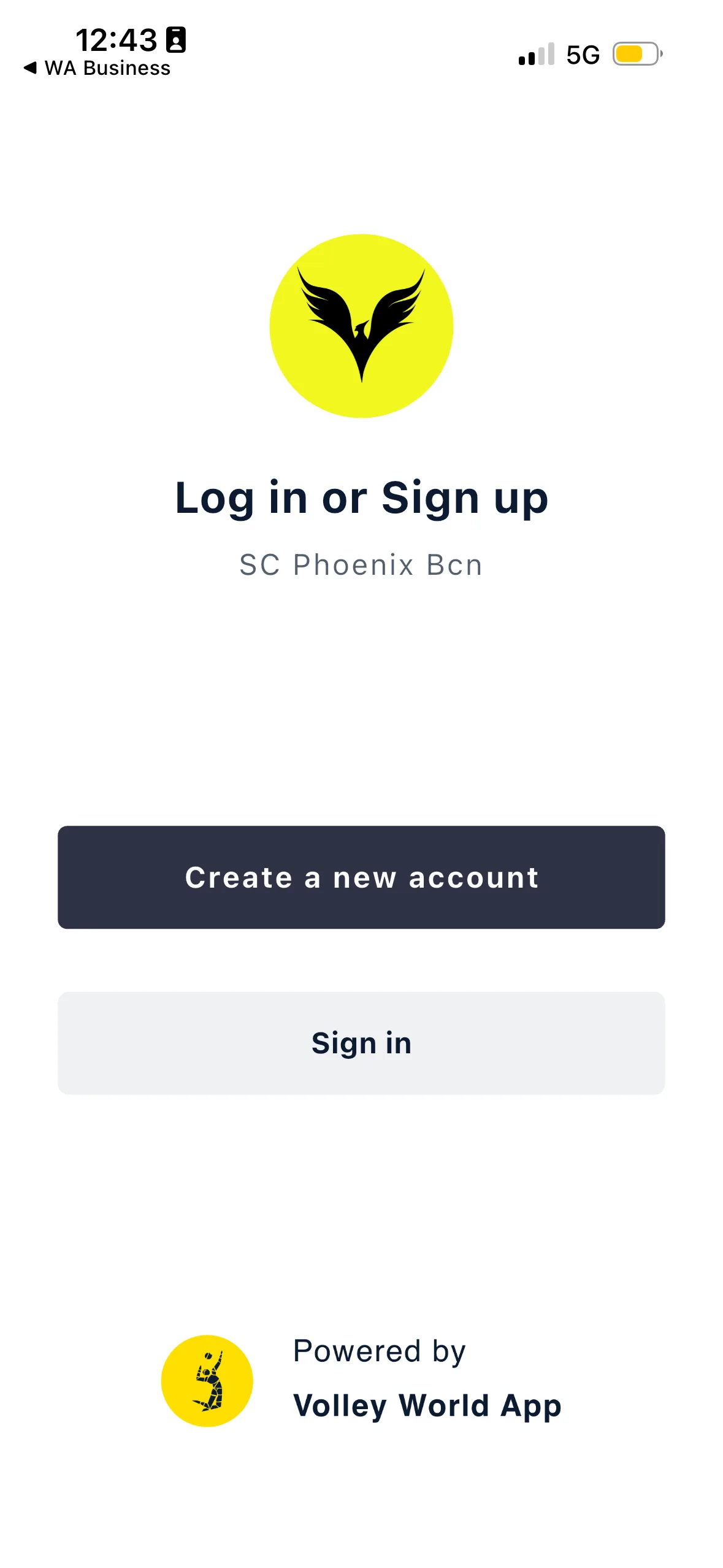 La schermata Log in o Sign up personalizzata con il club, che mostra logo e nome del club sopra Create a new account e Sign in