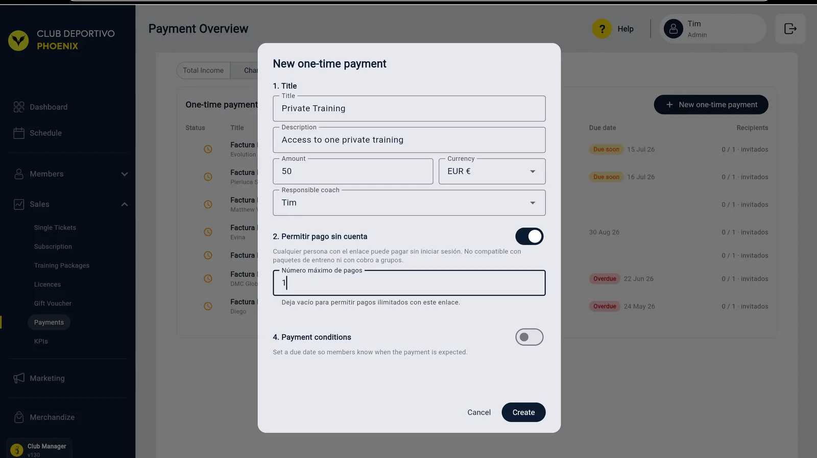 La finestra New one-time payment: titolo, descrizione, importo, valuta e allenatore responsabile, l'interruttore per pagare senza account con numero massimo di pagamenti, e le condizioni di pagamento