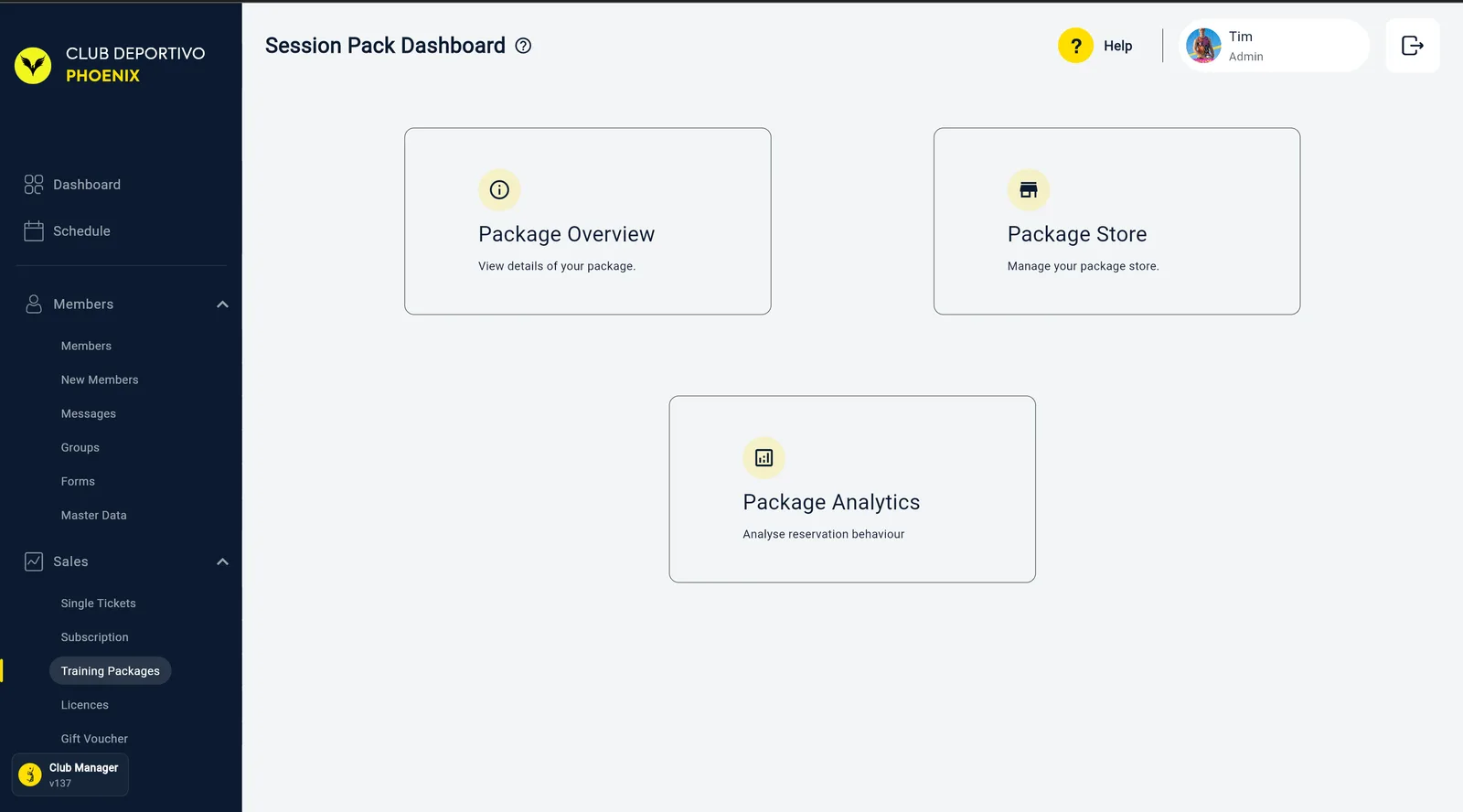 El Session Pack Dashboard con tres tarjetas: Package Overview, Package Store y Package Analytics
