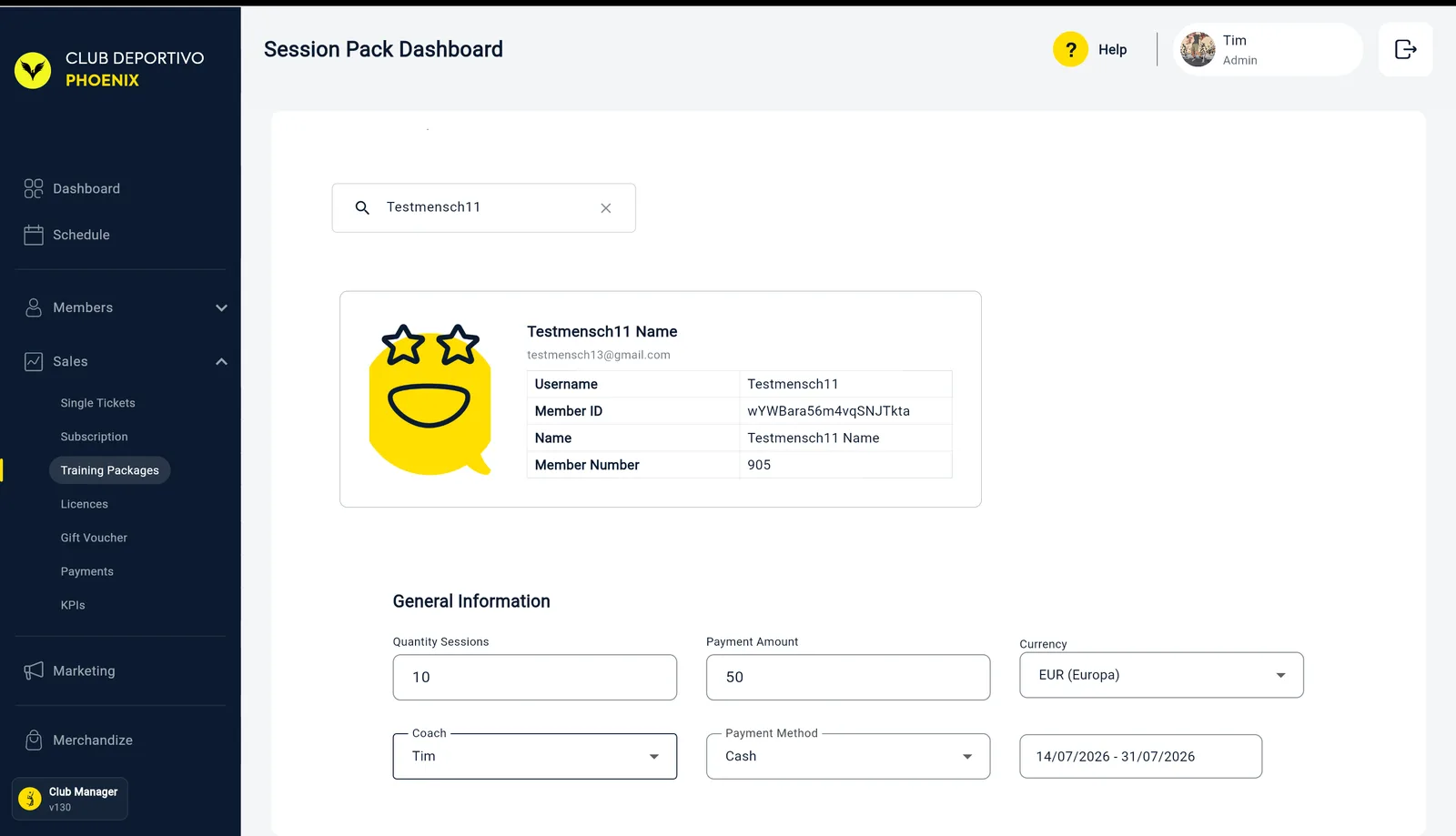 La Session Pack Dashboard con un membro trovato tramite ricerca e i campi General Information: Quantity Sessions, Payment Amount, Currency, Coach, Payment Method e l'intervallo di validità