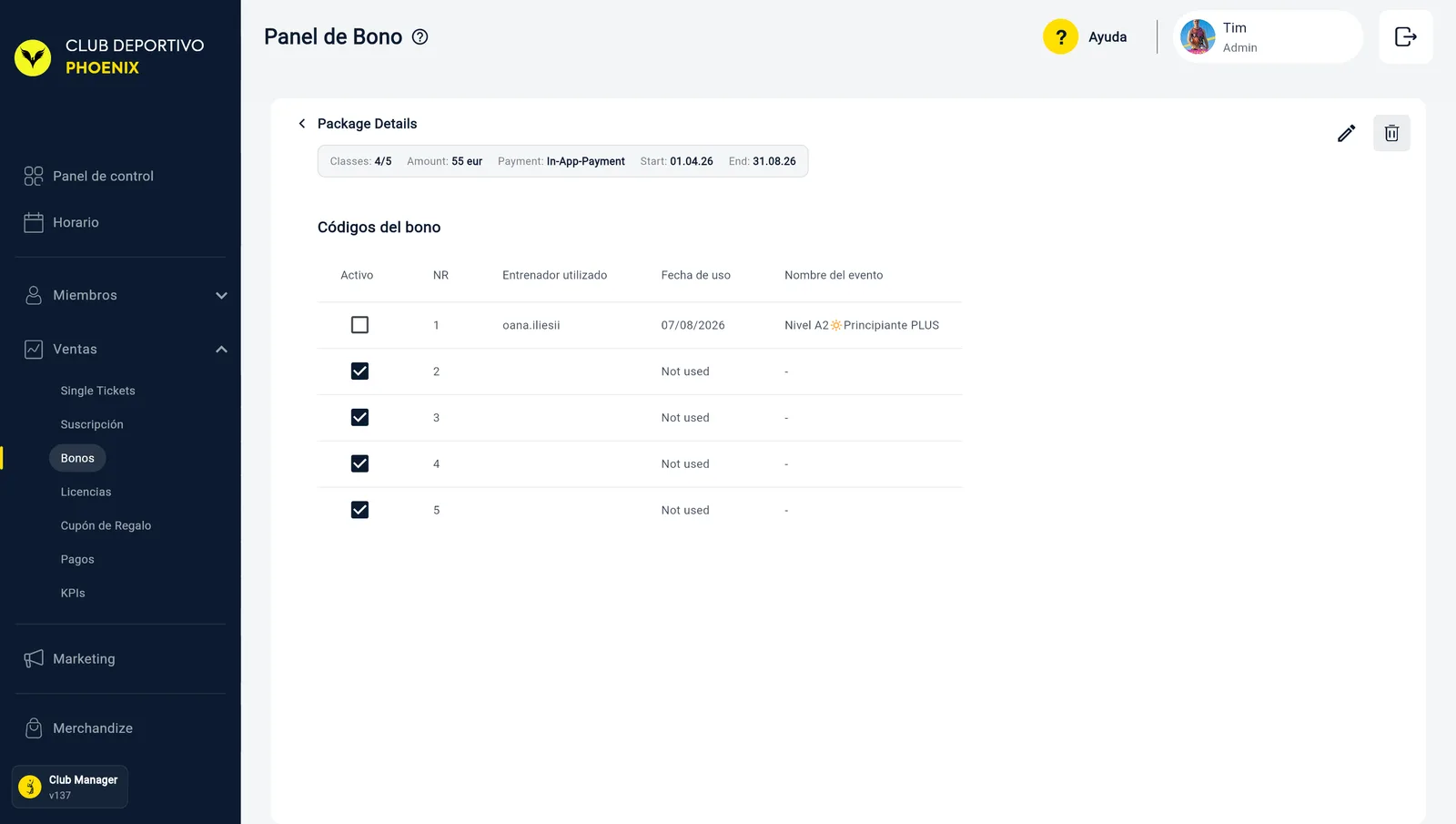 La pantalla Package Details en Club Manager: una cabecera con las clases usadas, el importe, el método de pago y las fechas Start y End, los códigos del bono debajo, y los iconos de lápiz y papelera arriba a la derecha