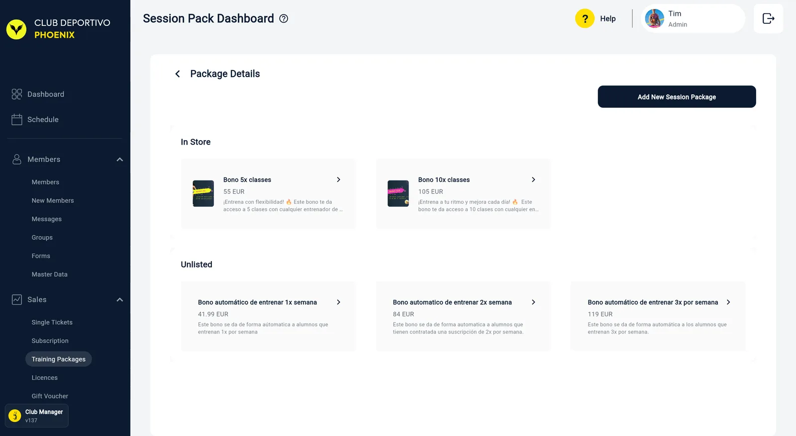 La Package Store: un grupo In Store con dos bonos y un grupo Unlisted con tres, más el botón Add New Session Package arriba a la derecha