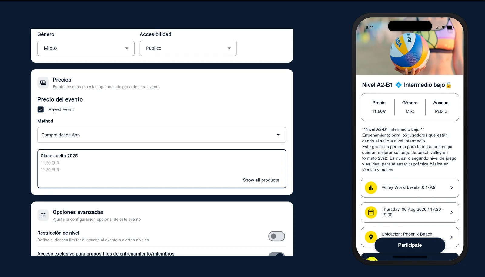 La scheda Prezzi dell'editor degli eventi con Payed Event spuntato, il metodo di pagamento in-app e il biglietto scelto mostrato in una sola scheda con il suo prezzo e il link Show all products; l'anteprima del telefono accanto mostra lo stesso prezzo sull'evento