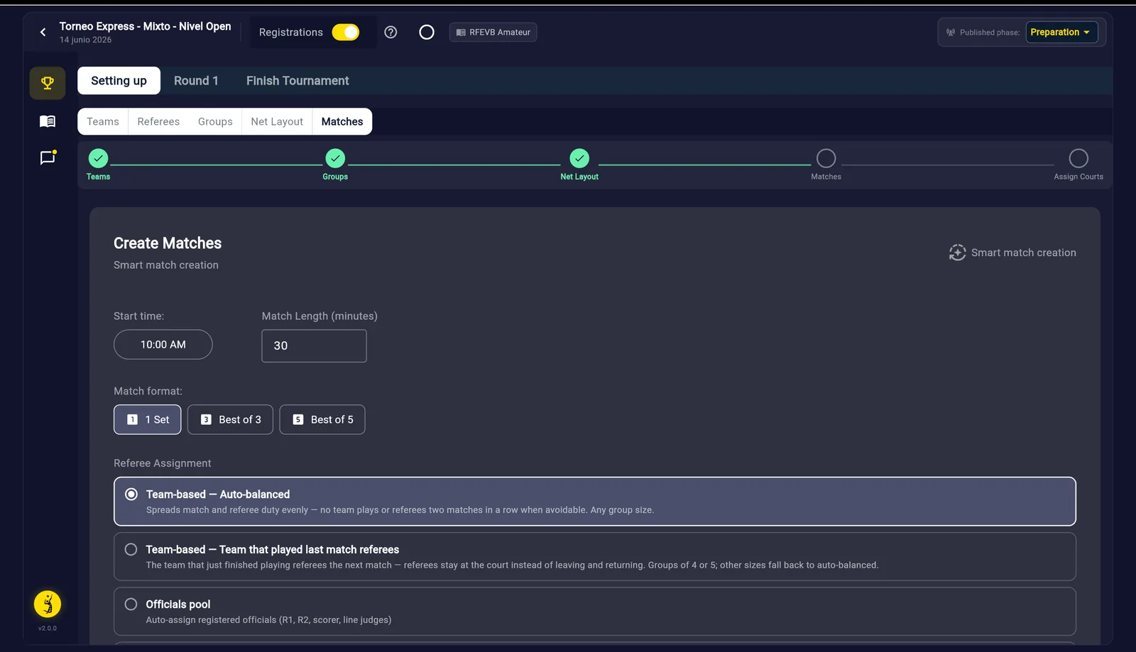 Il pannello Create Matches: i campi Start time e Match Length, i pulsanti di formato 1 Set / Best of 3 / Best of 5 e le modalità di Referee Assignment