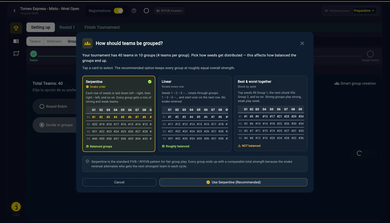 La finestra How should teams be grouped che confronta Serpentine, Linear e Best-and-worst-together, ciascuna con una griglia di distribuzione delle teste di serie, con Serpentine selezionata e consigliata