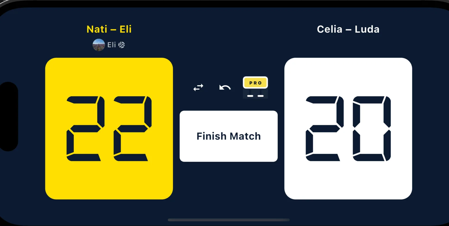 Il referto a bordo campo: un grande tabellone digitale con una squadra per lato (Nati – Eli 22 in giallo, Celia – Luda 20 in bianco), i comandi di scambio e annullamento e un pulsante Finish Match al centro