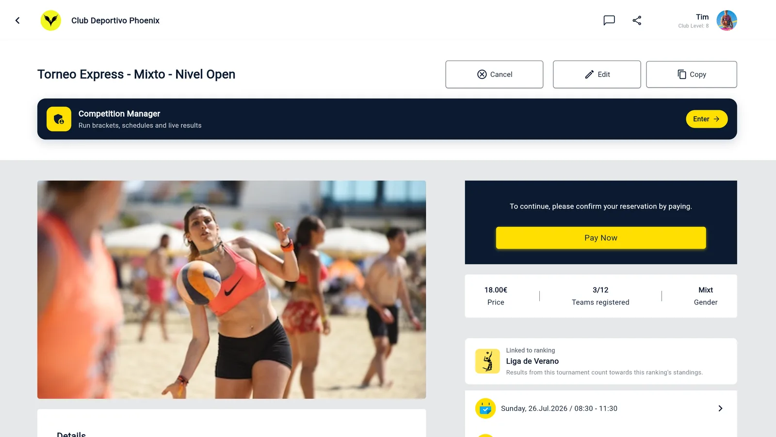 La pagina evento di un torneo in Club Manager, con l'icona di condivisione nella barra superiore accanto all'icona della chat e, a destra, prezzo, squadre registrate, genere e classifica collegata