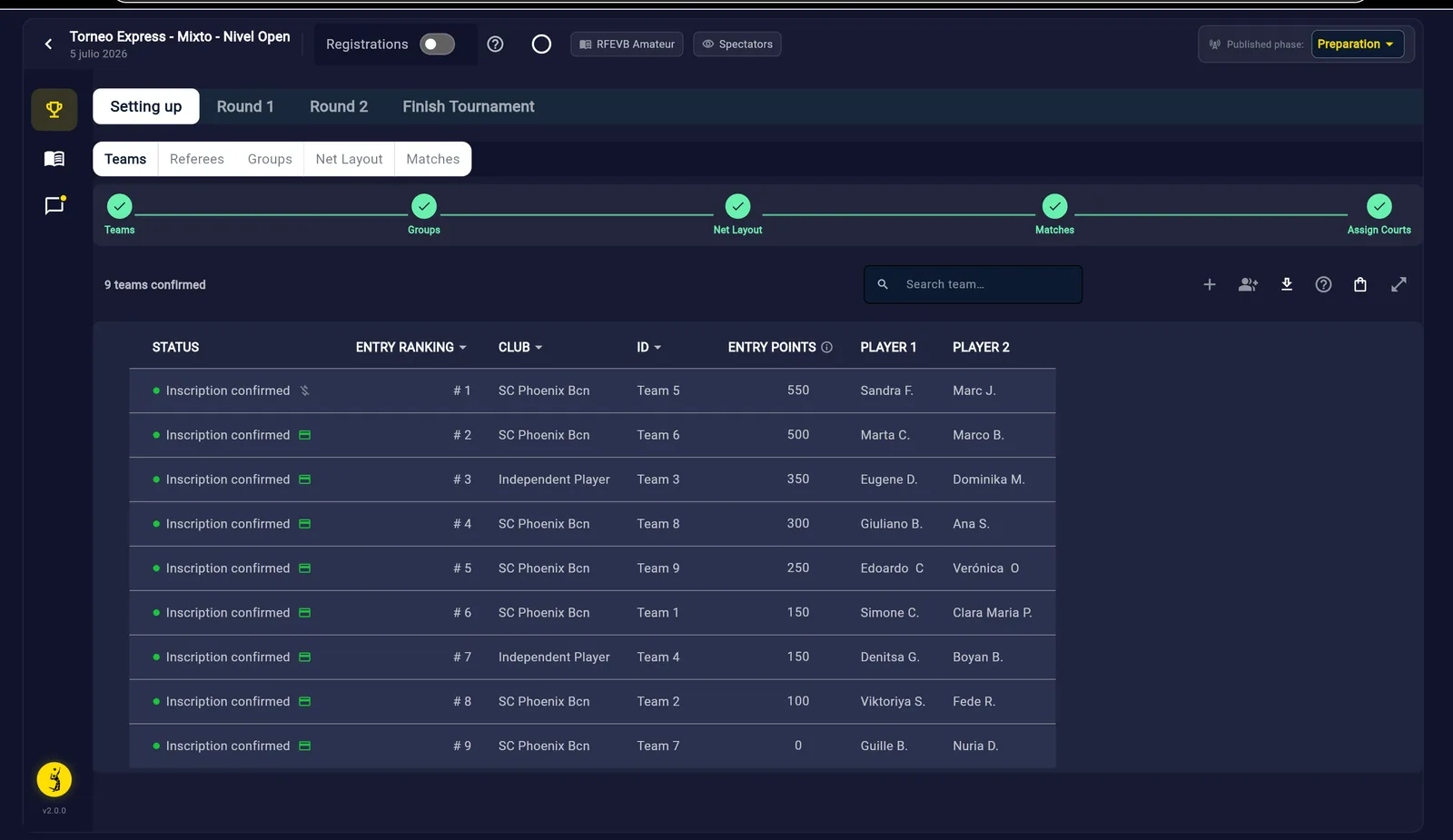 La matrice Teams in Competition Manager: un conteggio delle squadre confermate e una tabella con le colonne STATUS, ENTRY RANKING, CLUB, ID, ENTRY POINTS, Player 1 e Player 2, oltre a un campo di ricerca e a una barra di azioni