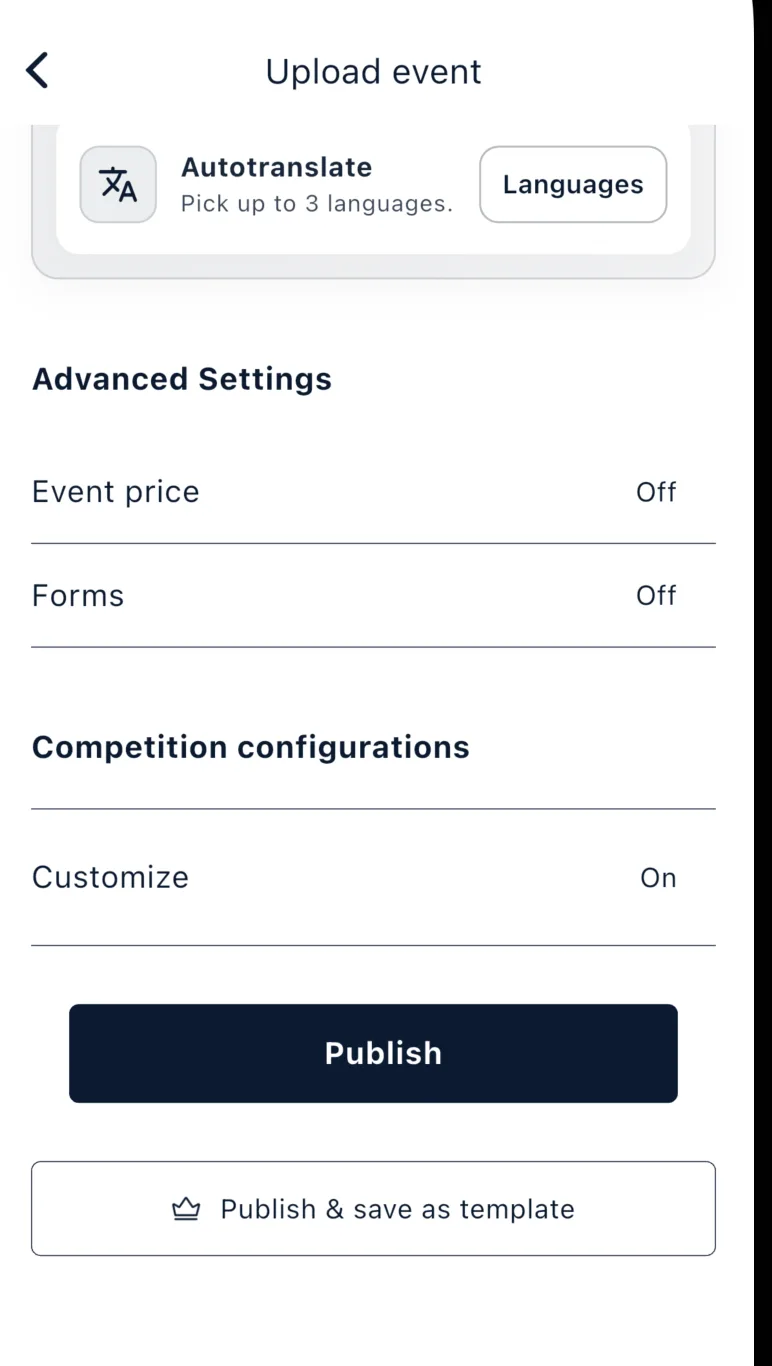 La schermata Upload event con Advanced Settings e una sezione Competition configurations la cui riga Customize è impostata su On, sopra il pulsante Publish