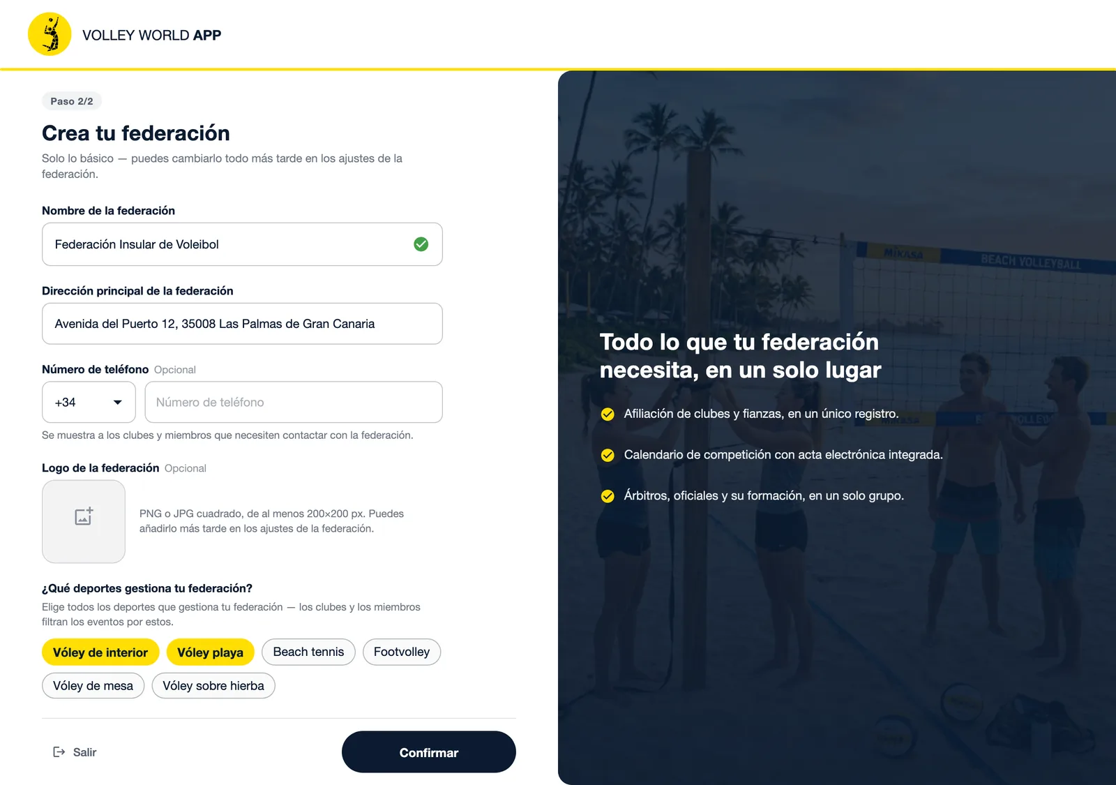 El formulario Crea tu federación en la app de federación: nombre, deportes, dirección principal y logo