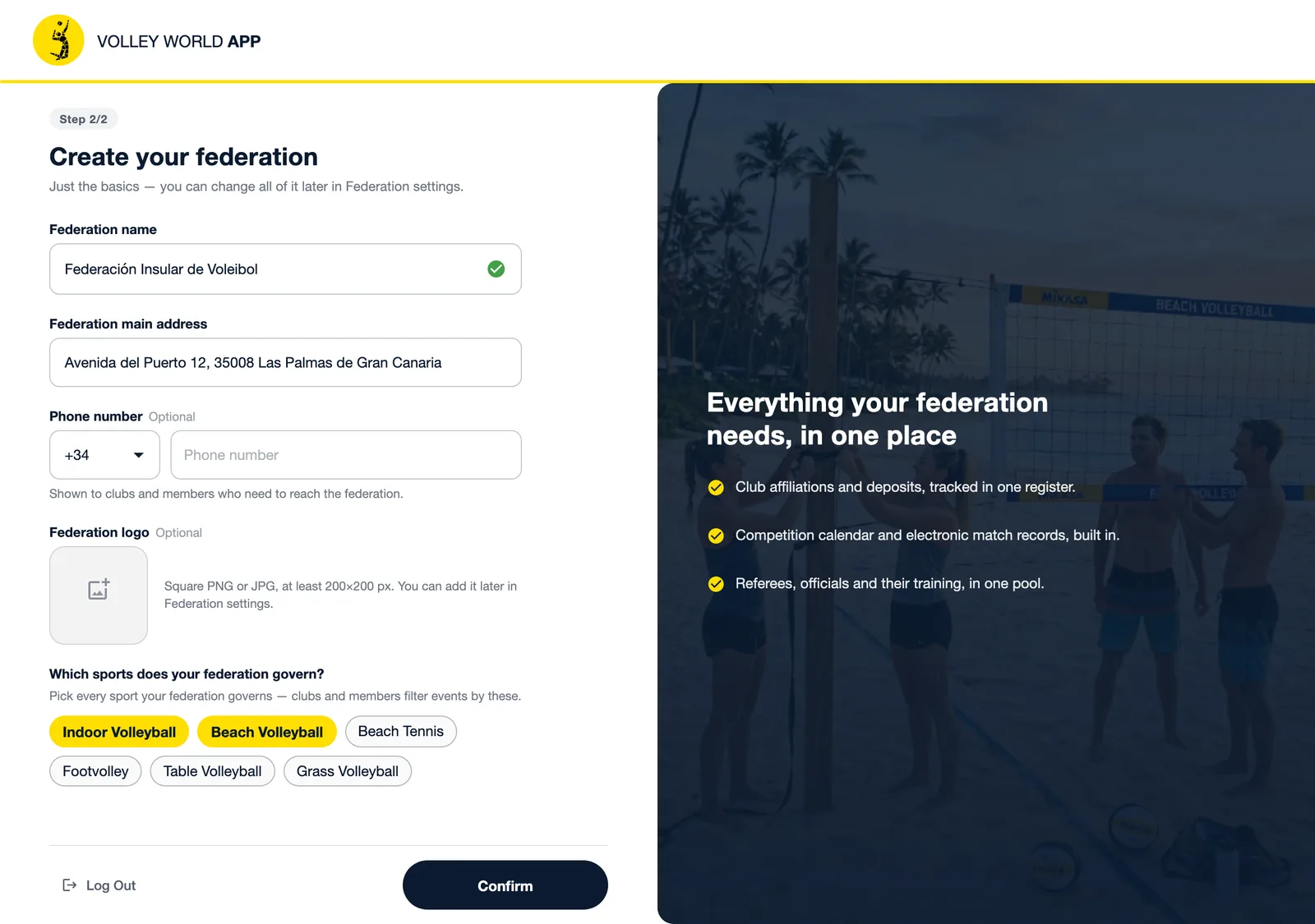 Das Formular Erstelle deinen Verband in der Verbands-App: Verbandsname, organisierte Sportarten, Hauptadresse und Logo