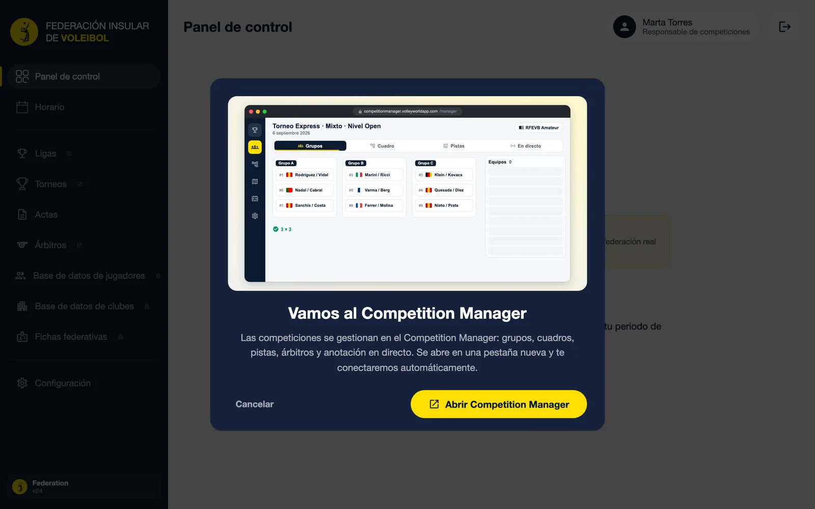 El diálogo Vamos al Competition Manager con el botón Abrir Competition Manager
