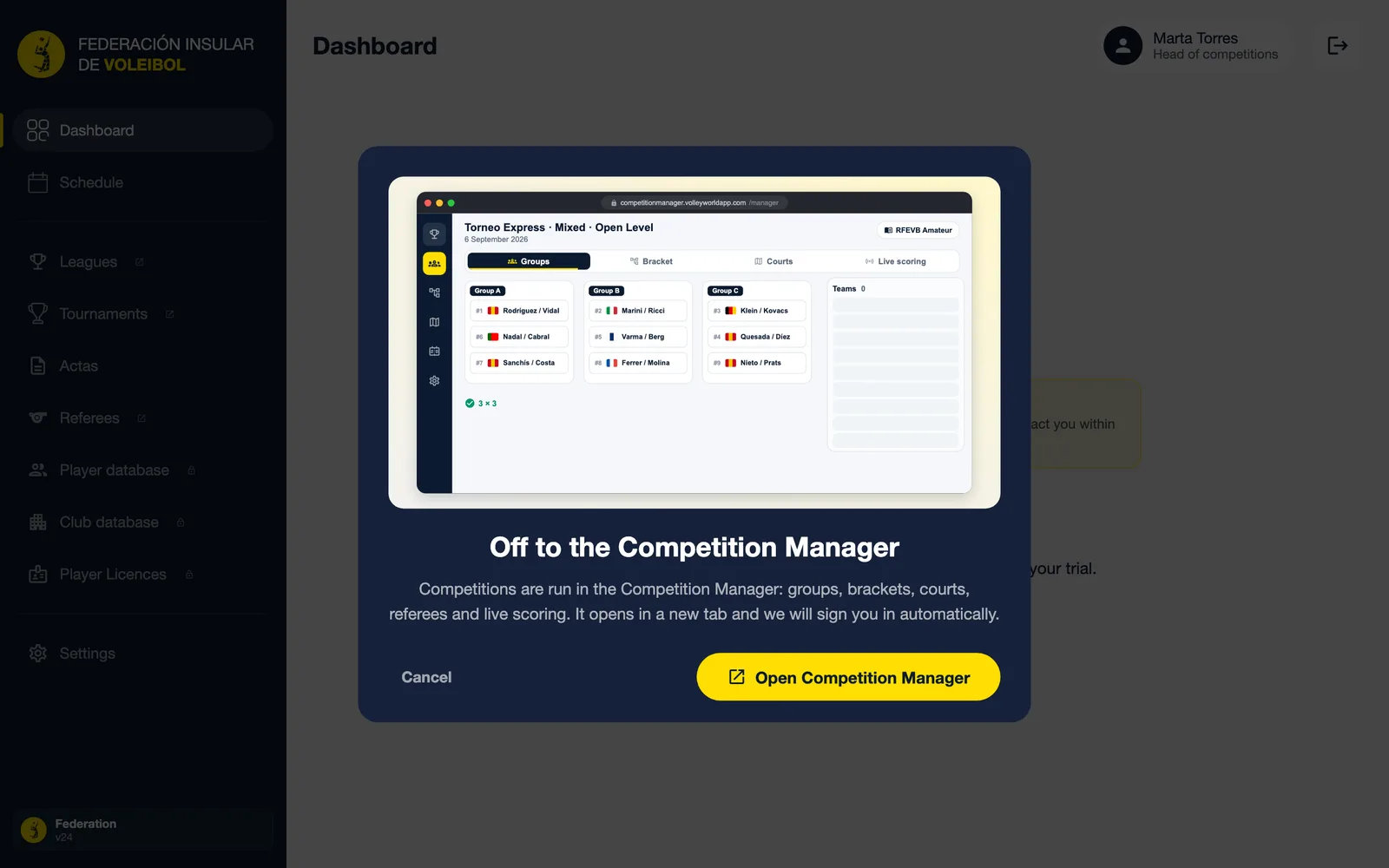 The Off to the Competition Manager dialog with the Open Competition Manager button