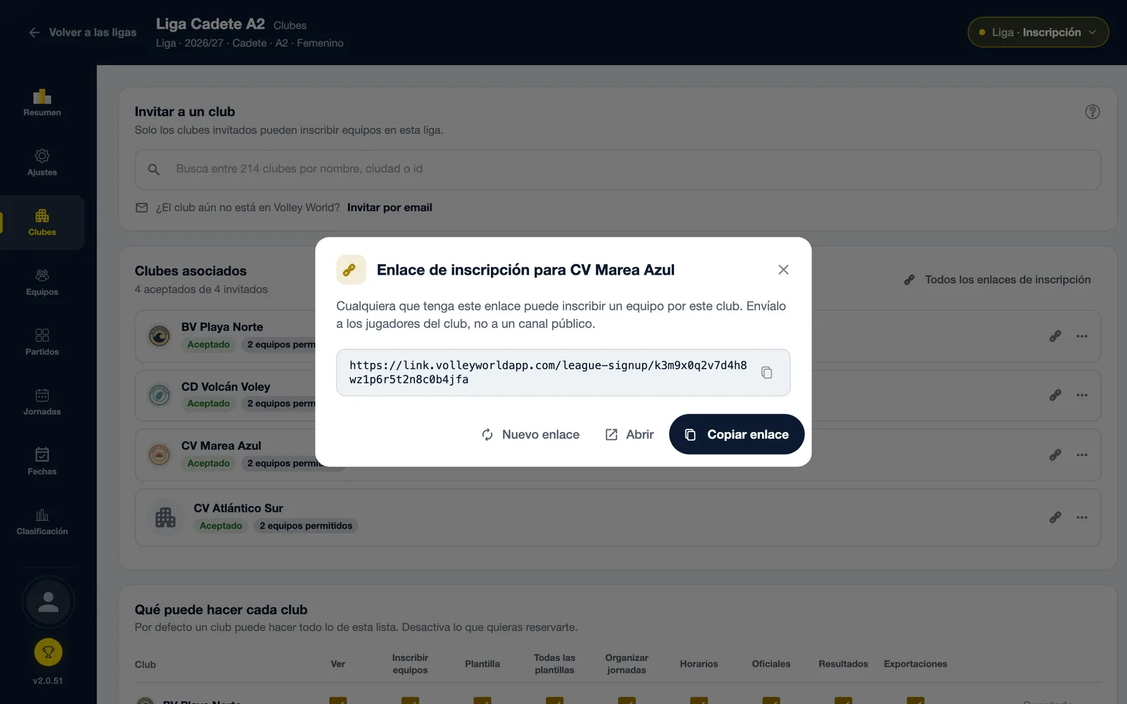 El diálogo Enlace de inscripción para un club con el botón Copiar enlace