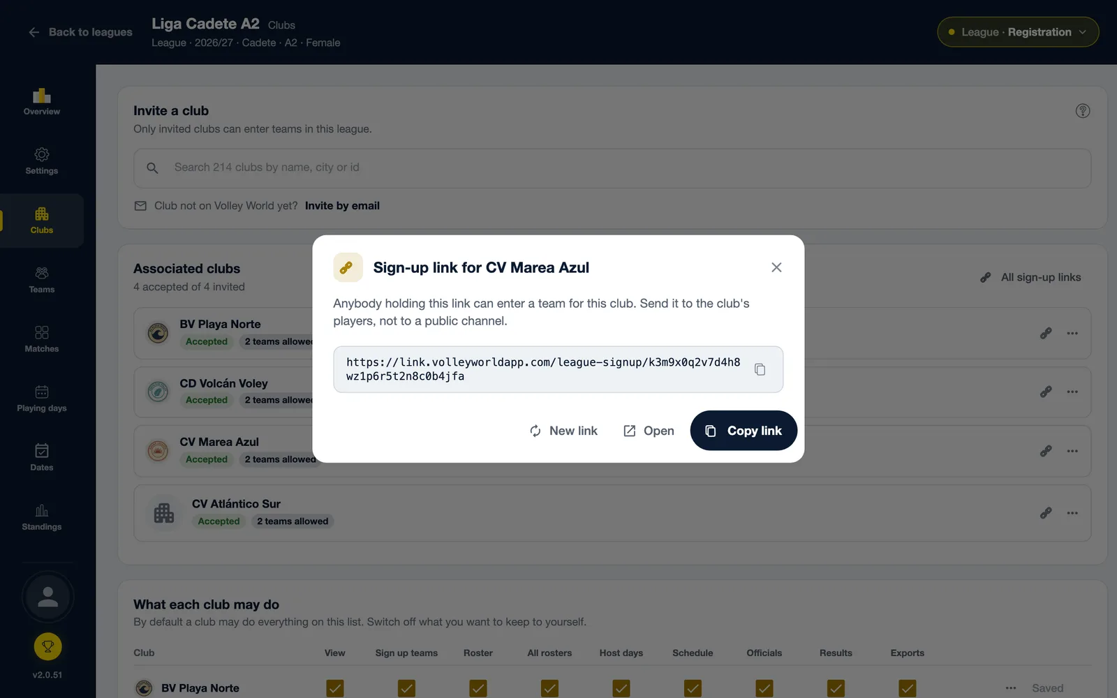 The Sign-up link for a club dialog with the Copy link button