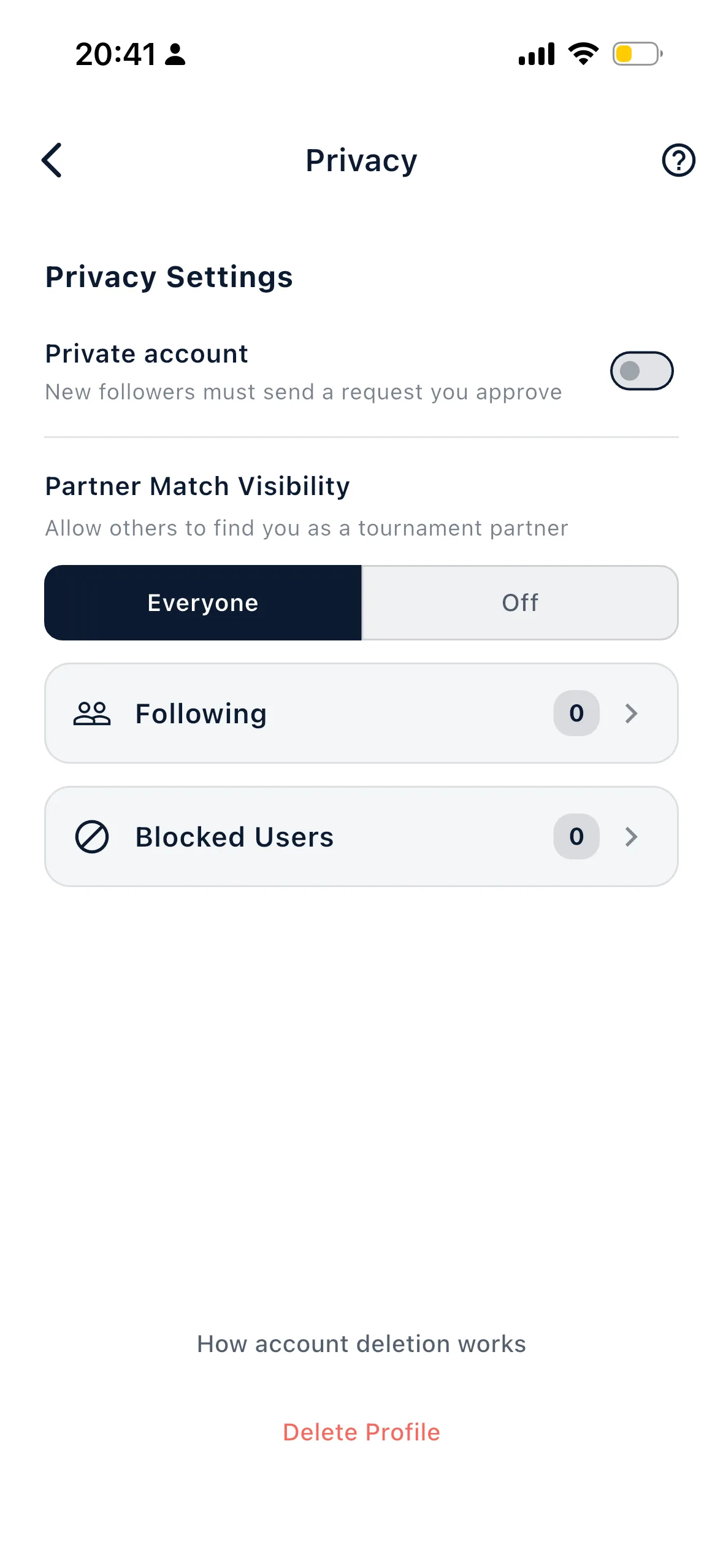 La parte inferiore della schermata Privacy, con il link How account deletion works e il pulsante rosso Delete Profile