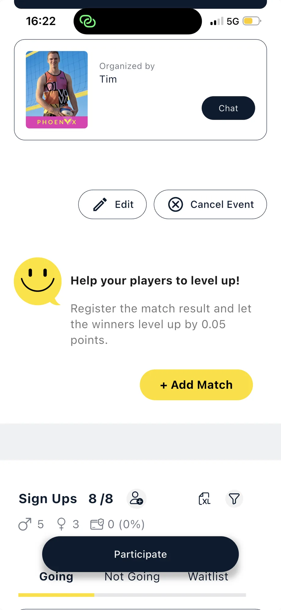 La schermata di dettaglio di una partita amichevole con la scheda Help your players to level up e il pulsante + Add Match