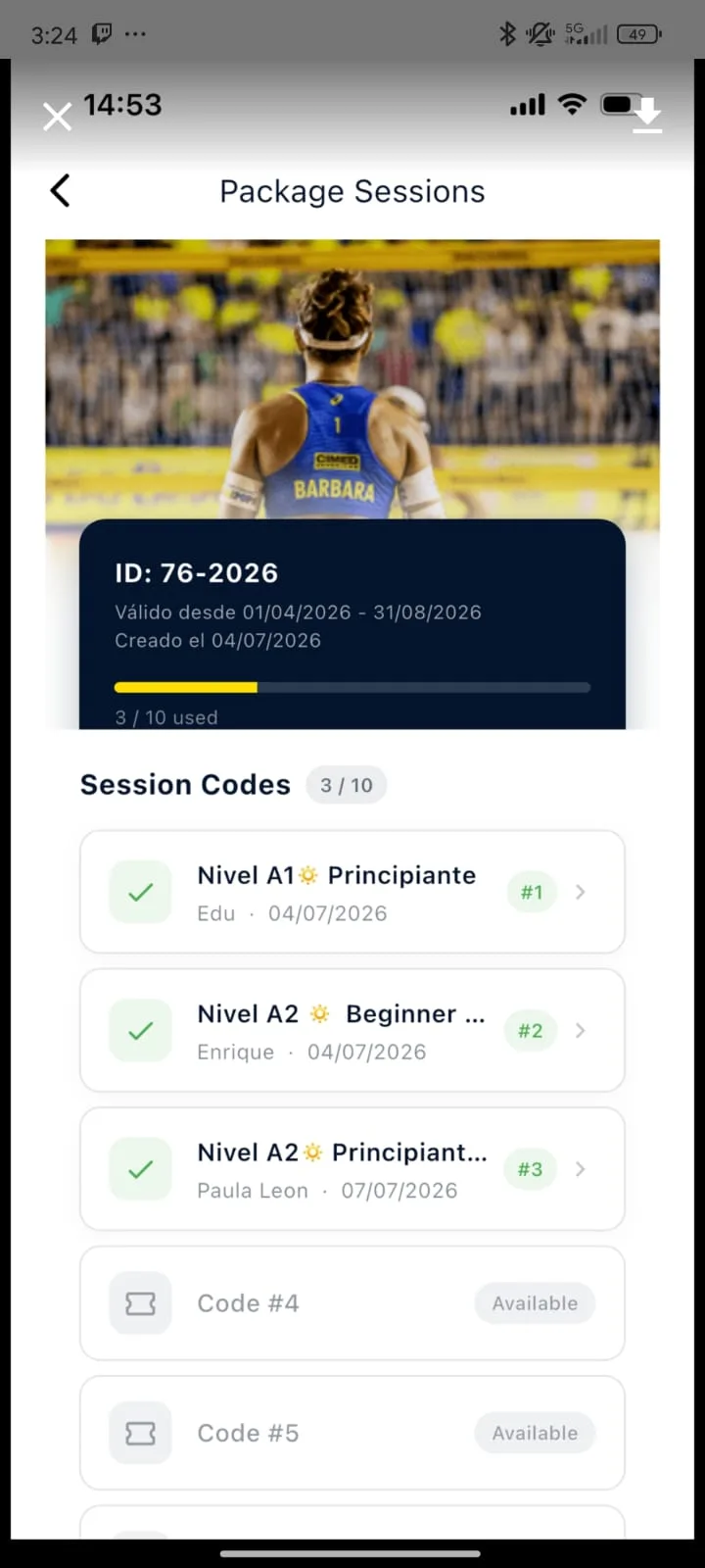 La schermata Package Sessions: date di validità, una barra di avanzamento 3 di 10 usati e i codici sessione con le lezioni per cui sono stati spesi