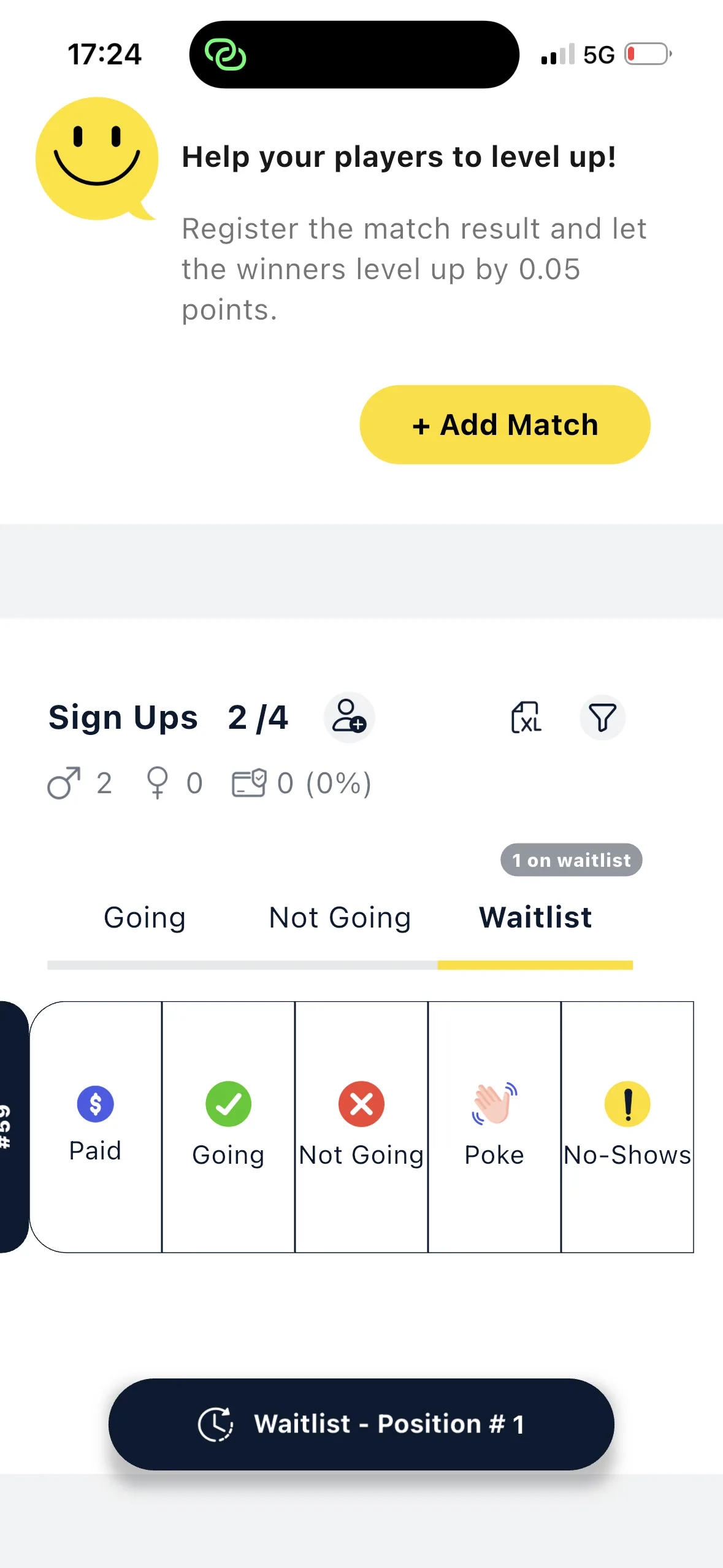 La fila de un jugador en la lista Sign Ups con las acciones Paid, Going, Not Going, Poke y No-Shows