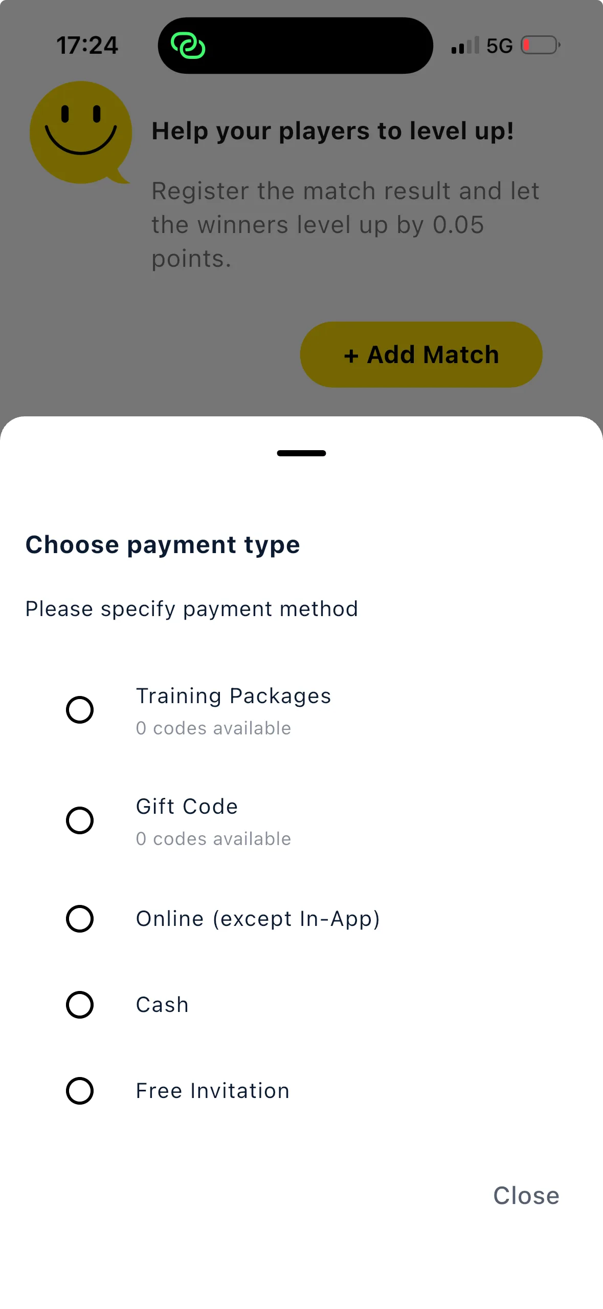 La hoja Choose payment type con Training Packages, Gift Code, Online, Cash y Free Invitation, cada uno con su número de códigos disponibles