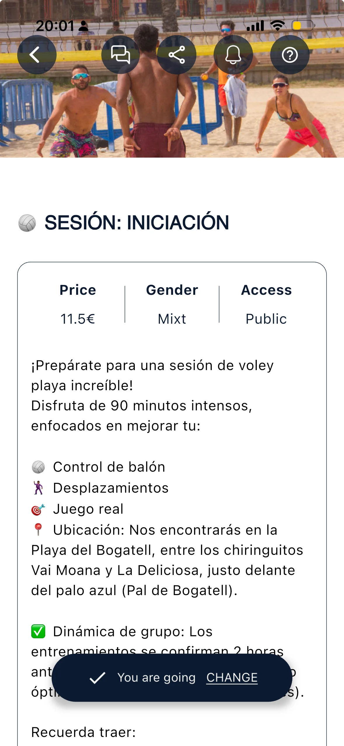 La schermata di dettaglio di un allenamento con prezzo, genere e accesso, con la barra You are going e il link change in basso