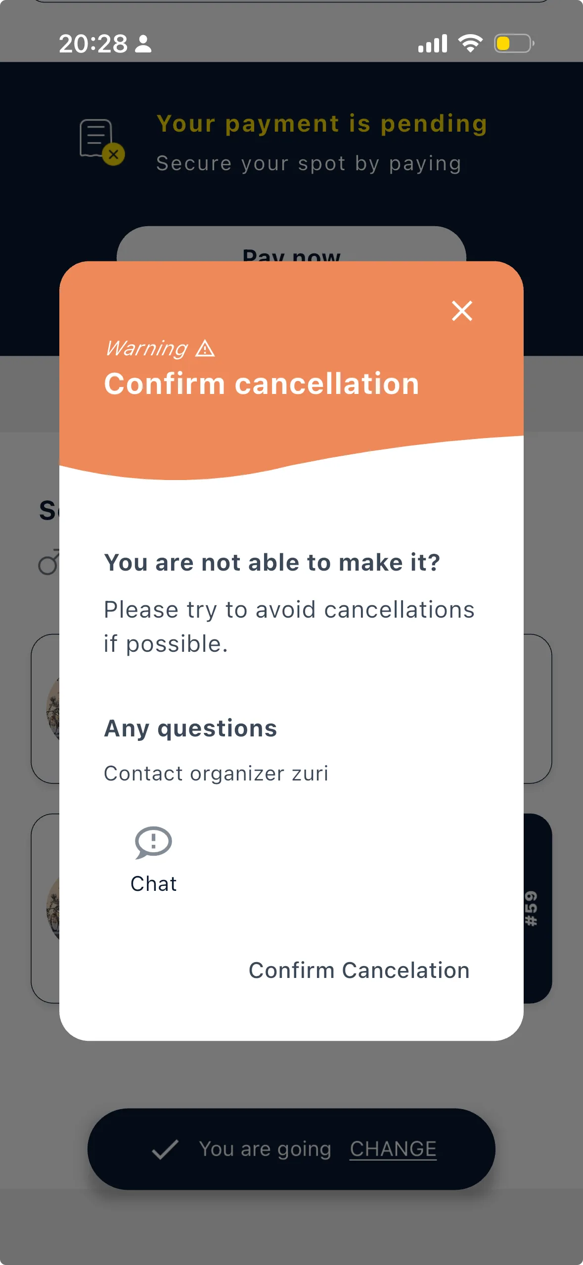 La finestra Confirm cancellation: una nota che invita a evitare gli annullamenti, un link Contact organizer alla chat e il pulsante Confirm Cancelation