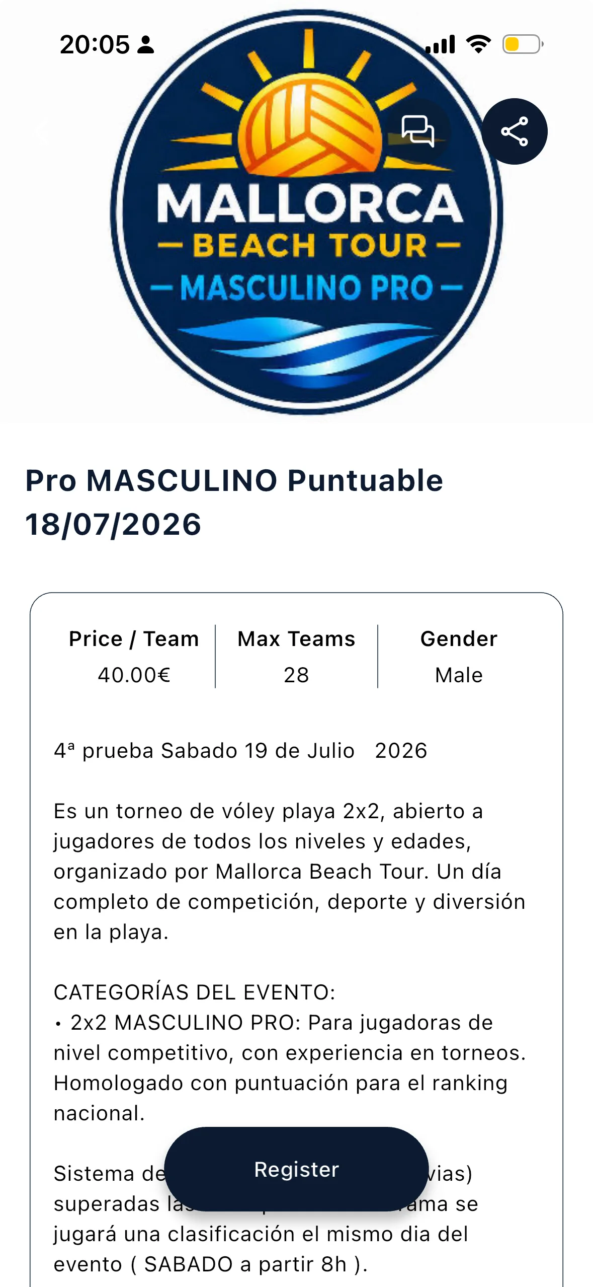 La schermata di dettaglio di un torneo con prezzo per squadra, numero massimo di squadre e genere, con il pulsante Register