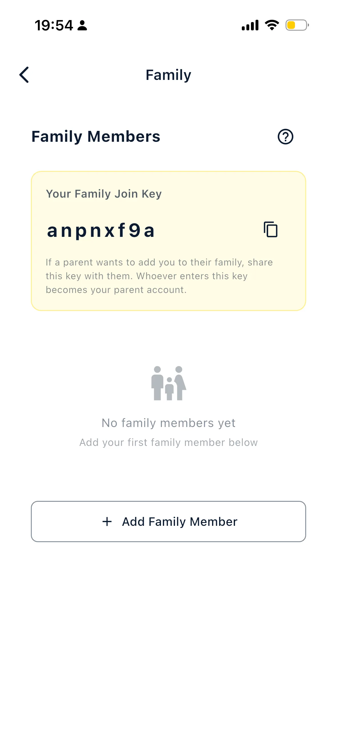 La schermata Family con la Family Join Key e il pulsante Add Family Member