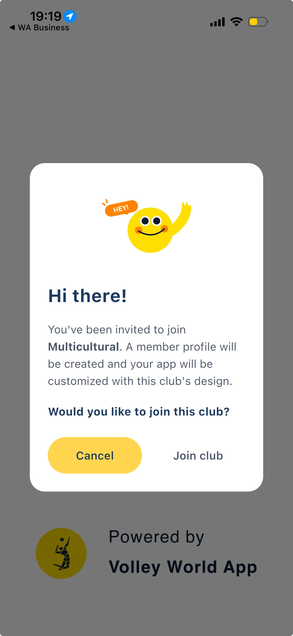 La finestra Hi there! che chiede Would you like to join this club, con Cancel e Join club