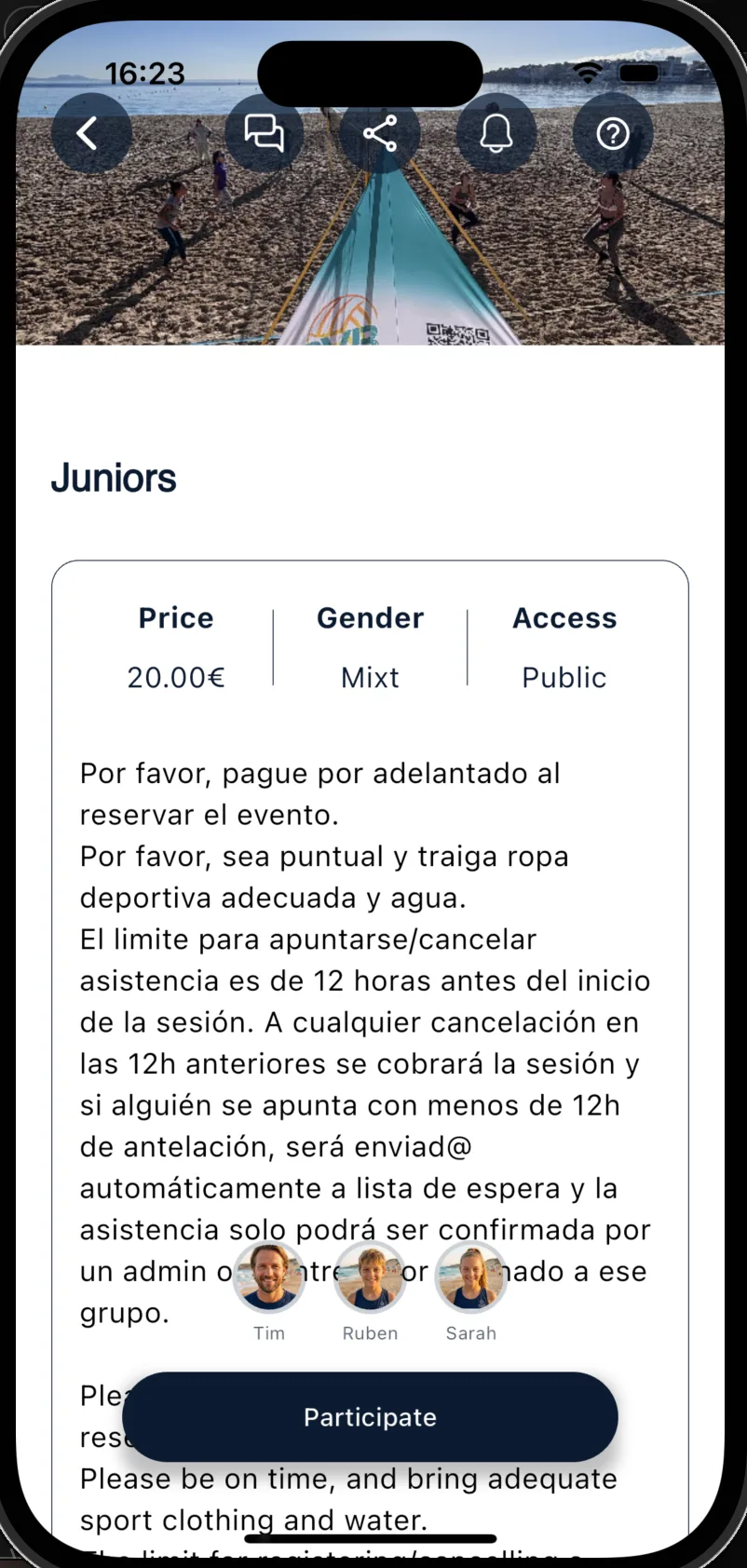 La schermata dell'evento Juniors con prezzo 20,00 euro, genere Mixt e accesso pubblico, con gli avatar della famiglia Tim, Ruben e Sarah sopra il pulsante Participate